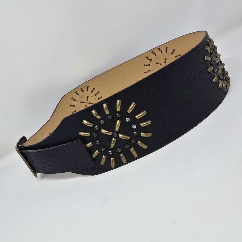 Black Studded Leather Belt Wide Cinch  Couro Portugal Sz 80 S/M 30-32" Small